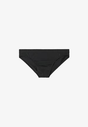 Bas de bikini noir en tissu de baignade lisse avec une taille basse et un élastique à la taille, présentant un design minimaliste sans motifs visibles.