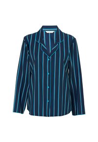 Navyblauwe long-sleeve shirt met verticale witte en turquoise strepen, notch-kraag en knoopsluiting, met contrasterende afwerking details.