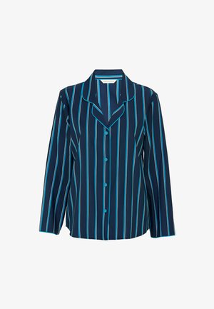 Navyblauwe long-sleeve shirt met verticale witte en turquoise strepen, notch-kraag en knoopsluiting, met contrasterende afwerking details.