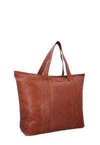 Bruine leren tote bag met twee stevige handvatten, een rechthoekige vorm, een zachte textuur en subtiele stiksels aan de zijkanten.