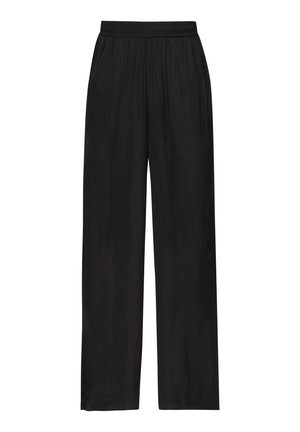 Zwarte, brede broek van lichtgewicht stof met een elastische tailleband en geplooide details. Geen zakken of andere versieringen.