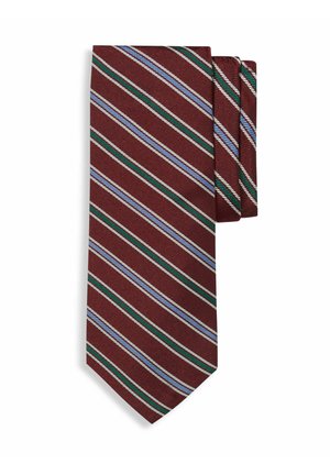 Bordeauxroter Schlips mit diagonalen Streifen in Grün, Hellblau und Weiß, ordentlich gefaltet auf weißem Hintergrund.