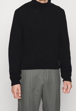Personne portant un pull noir à col roulé à manches longues et un pantalon gris ample sur un fond uni.