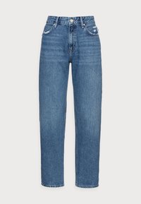 Vaqueros de tiro alto en azul con pierna recta. Hechos de denim, con cremallera, botón de metal y diseño estándar de cinco bolsillos.