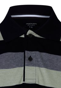 Poloshirt mit horizontalen Streifen in Marineblau, Grau und Hellgrün. Weicher Stoff, umklappbarer Kragen, Knopfleiste mit drei Knöpfen. Reguläre Passform.
