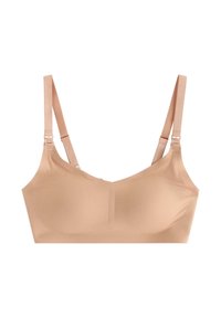 Soutien-gorge sans fil beige avec un tissu lisse, des bretelles réglables et des coutures discrètes. Doté d'un décolleté arrondi et d'une construction sans couture pour le confort.