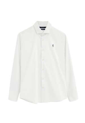 Camisa blanca de manga larga con botones, cuello y pequeño logo de jugador de polo en azul marino en el pecho izquierdo.