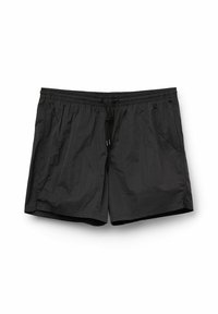 Černé plavkové šortky vyrobené z lehkého materiálu, s elastickým pasem se šňůrkou, bočními kapsami a hladkým povrchem.