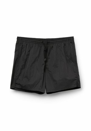 Černé plavkové šortky vyrobené z lehkého materiálu, s elastickým pasem se šňůrkou, bočními kapsami a hladkým povrchem.