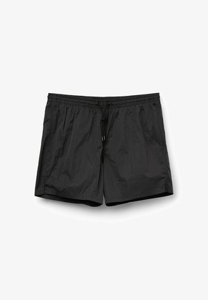 Zwarte zwembroek van lichtgewicht stof, met een elastische tailleband met trekkoord, zijzakken en een gladde textuur.