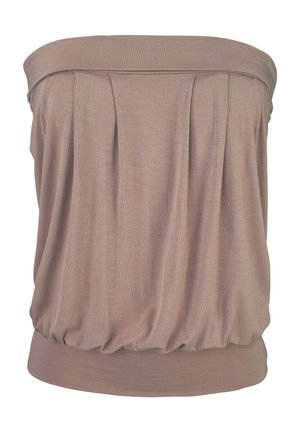 Strapless taupekleurige tube top met geplooide stof en brede elastische banden aan de boven- en onderkant.