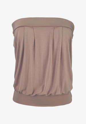 Trägerloses Top in Taupe mit gerafftem Stoff und breiten elastischen Bändern an den oberen und unteren Rändern.
