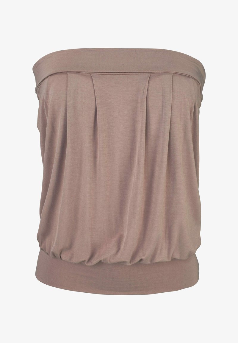 Haut tube taupe sans bretelles avec tissu froncé et larges bandes élastiques en haut et en bas.