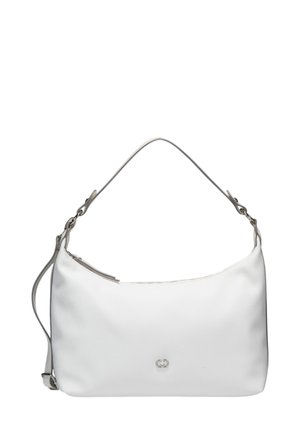Borsa a tracolla bianca con una forma curvosa. Presenta una sola tracolla, elementi hardware in argento e una chiusura con zip. Logo presente sulla parte anteriore.