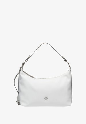 Bolso de mano texturizado en blanco con forma curvada. Presenta una correa para el hombro, herrajes plateados y un cierre de cremallera. Logo presente en la parte frontal.
