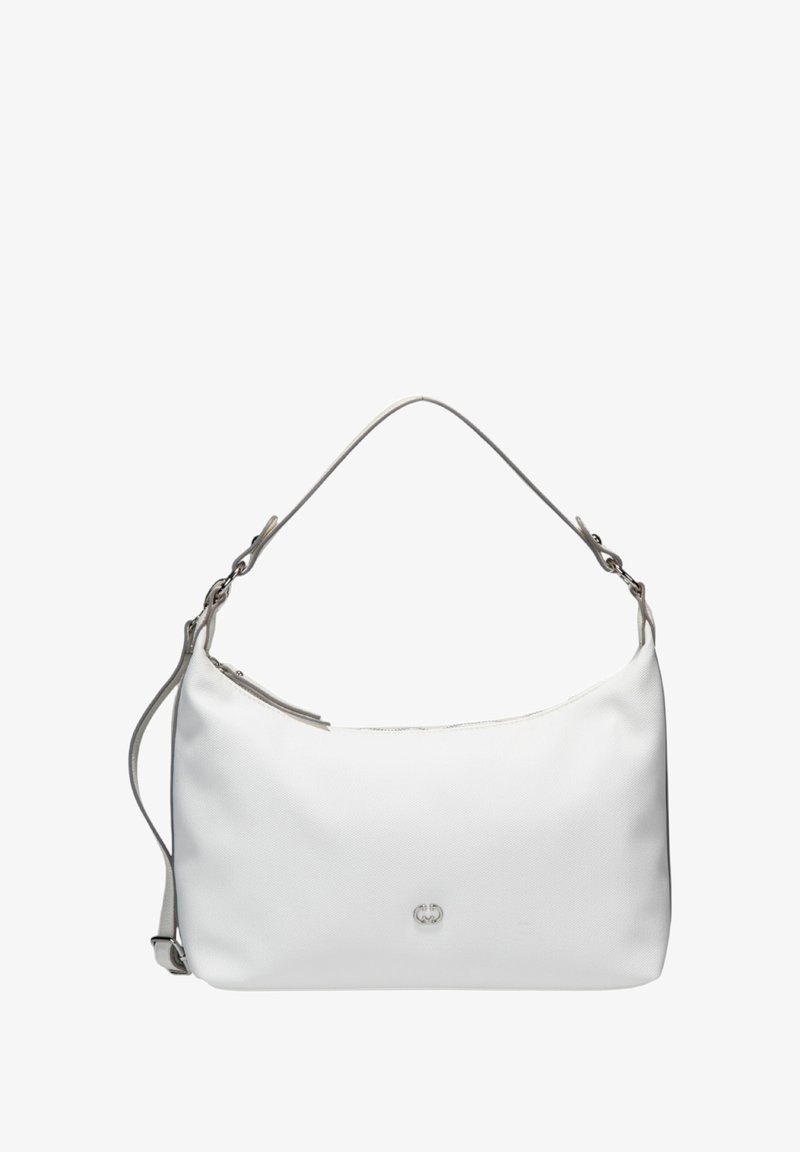 White textured handbag with a curved shape. Features a single shoulder strap, silver hardware, and a zip closure. Logo present on the front.