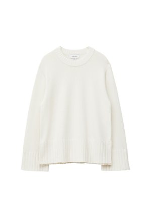Cream-colored sweater made from soft knit fabric. Features a ribbed hem and cuffs, with a rounded neckline and relaxed silhouette.