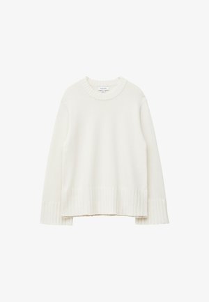 Cream-colored sweater made from soft knit fabric. Features a ribbed hem and cuffs, with a rounded neckline and relaxed silhouette.