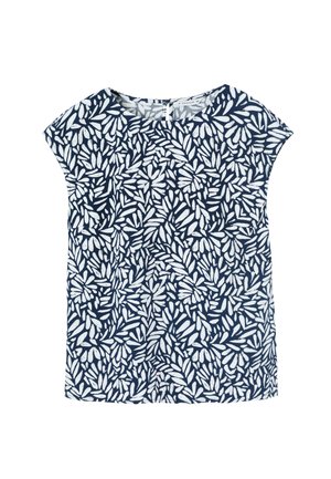 Tumši zils īsām piedurknēm tops ar baltu lapu rakstu, apaļu kaklu, vieglu audumu un brīvu piegriezumu.