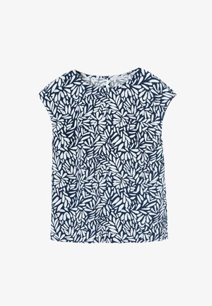 Granatowy, krótki top z rękawami, ozdobiony białym wzorem liści, okrągły dekolt, lekki materiał i luźny krój.