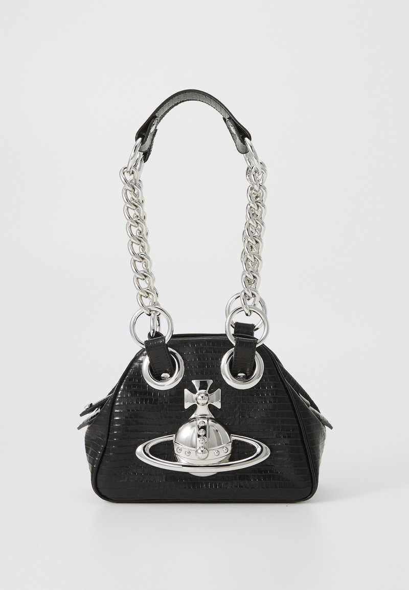 Black faux croc-embossed handbag with silver chain handles. Features a metallic astronaut design and circular accents on the front.