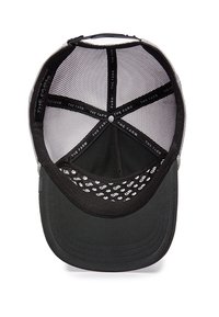 Black cap with a structured front and mesh back. Inside features a white patterned lining with "GB" logos and adjustable strap.