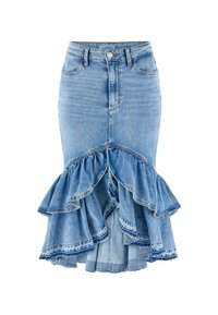 Lichtblauwe spijkerrok met hoge taille, voorste knopen en rits, en gelaagde ruffle zoom aan de achterkant.
