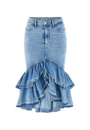Gonna in denim blu chiaro con vita alta, bottone frontale e cerniera, e orlo a strati con rouches sul retro.