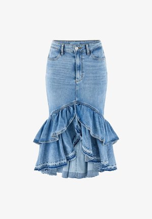 Lyseblå denimnederdel med høj talje, frontknap og lynlås, samt lagdelt flæsekant bagpå.