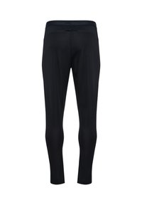 Schwarze Sportleggings aus glattem, dehnbarem Material, mit engem Schnitt und breitem Bund, der hinten gebrandet ist.