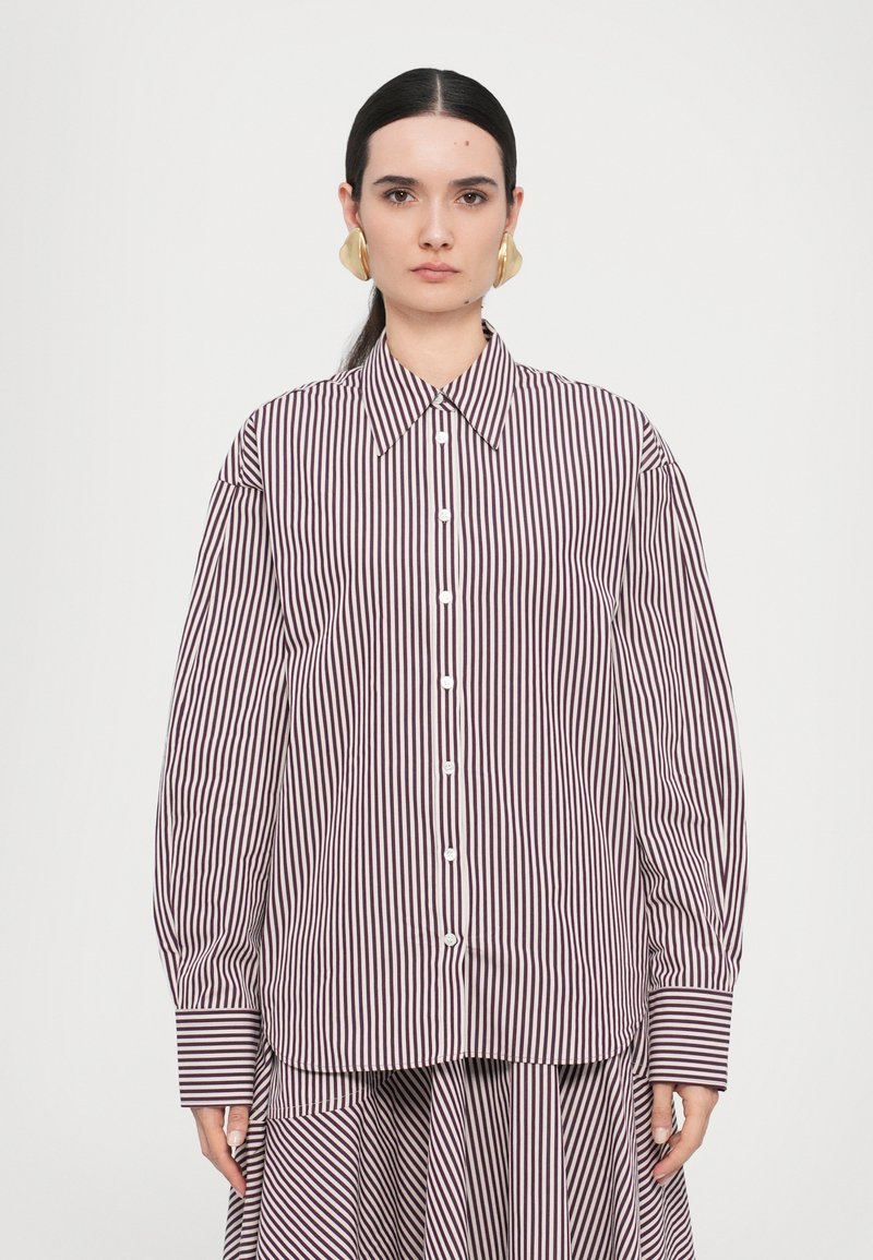 Camicia a righe con maniche lunghe, caratterizzata da righe verticali color bordeaux e bianche, colletto a punta e una vestibilità leggermente oversize.