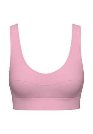 Roze naadloze bralette met brede bandjes, ronde halslijn en een gladde textuur. Heeft een geribbelde band aan de onderkant. Geen zichtbare sluitingen.