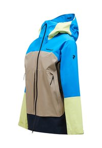Bunte Jacke mit blauen, beigen, gelben und schwarzen Paneelen. Mit Kapuze, Reißverschluss vorne und seitlichen Taschen. Glatte, wasserdichte Materialien.