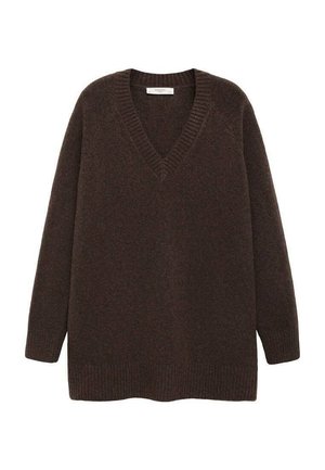 Brauner Wollpullover mit V-Ausschnitt, geripptem Saum und überschnittenen Schultern. Weicher Stoff und leicht übergroßes Design.