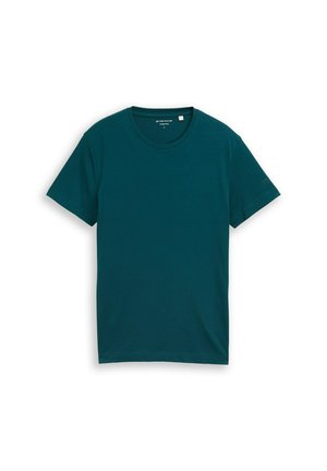 T-shirt a maniche corte di colore teal scuro, girocollo, taglia large, distesa piatta con un logo discreto sulla manica sinistra.