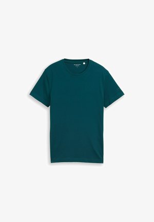 Prosty ciemnoturkusowy t-shirt z krótkim rękawem i okrągłym dekoltem, rozmiar duży, z delikatnym logo na lewym rękawie.