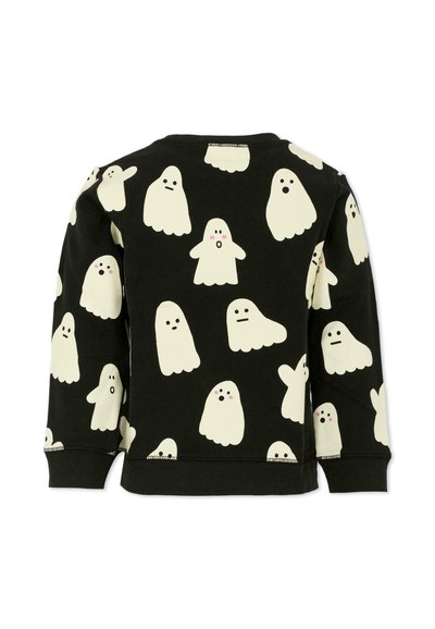 Chemise noire à manches longues ornée de différentes illustrations de fantômes blancs avec des expressions faciales. Fabriquée en tissu doux avec un col rond.