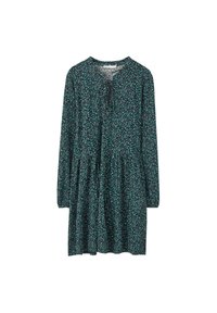 Robe à manches longues de couleur bleu sarcelle foncé avec imprimé floral. Présente un col rond et un détail noué à l'avant. Confectionnée dans un tissu léger.