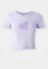 Purple fitted T-shirt with short sleeves, round neckline, and contrasting stitching. Features a "SANTA CRUZ" graphic design on the front.