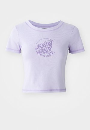 T-shirt aderente viola con maniche corte, scollatura rotonda e cuciture a contrasto. Presenta una grafica "SANTA CRUZ" sulla parte anteriore.