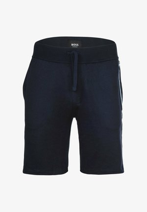 Pantaloni corti blu navy con elastico in vita e lacci, tasche laterali e righe blu a contrasto lungo i lati.