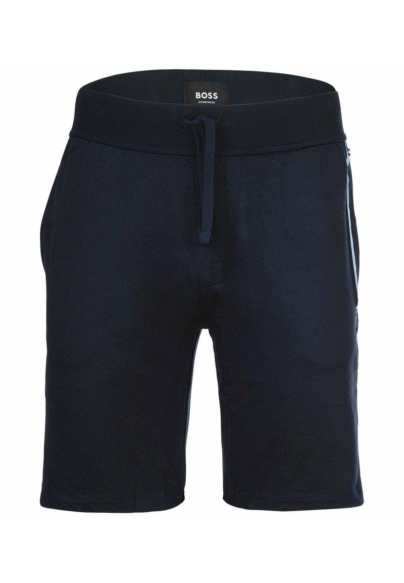 Marineblauwe shorts met een elastische tailleband en trekkoord, zijzakken en contrasterende blauwe strepen langs de zijkanten.