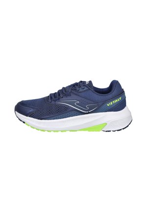 Zapatillas deportivas de malla azul marino con acentos en blanco y verde lima. Presentan una suela texturizada y un diseño con cordones para mayor soporte y transpirabilidad.
