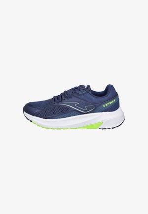 Zapatillas deportivas de malla azul marino con acentos en blanco y verde lima. Presentan una suela texturizada y un diseño con cordones para mayor soporte y transpirabilidad.