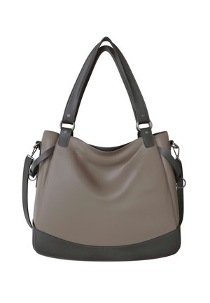 Brown and dark gray leather handbag with dual handles and a detachable shoulder strap, soft structured body, and silver metal hardware.