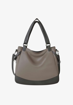 Brown and dark gray leather handbag with dual handles and a detachable shoulder strap, soft structured body, and silver metal hardware.
