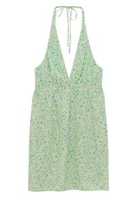 Robe halter-nez vert clair avec décolleté en V profond, taille cintrée et petit motif floral bleu et jaune.