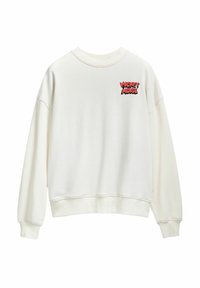 Felpa bianca in cotone con scollo rotondo, spalle scese e logo di Topolino rosso ricamato sul petto.