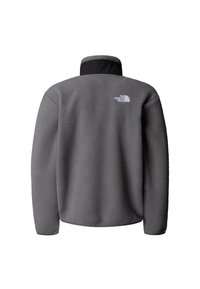 Siva jopa iz flisa z visokim ovratnikom, črnimi poudarki in vezenim logotipom na zgornjem delu hrbta. Mehak tekstura in oprijeten kroj, dolgi rokavi.