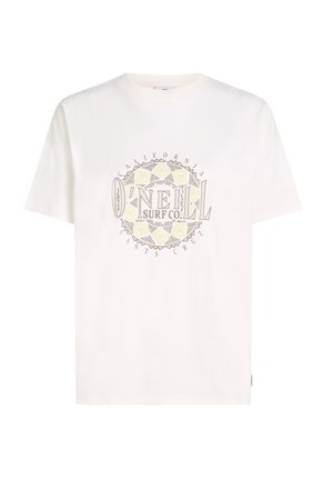 Valge puuvillane T-särk ümmarguse logograafikaga kollase ja halli värviga, millel on tekst "O'NEILL SURF CO" ja geomeetrilised mustrid. Lühikesed varrukad.